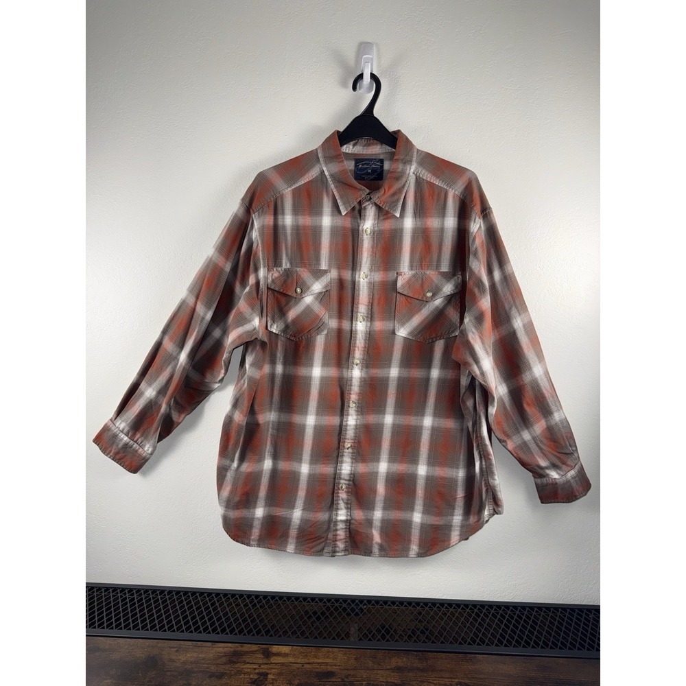 Roundtree & Yorke Weathered Casuals Plaid Button Up Shirt 2X Red Gray Long Sleev